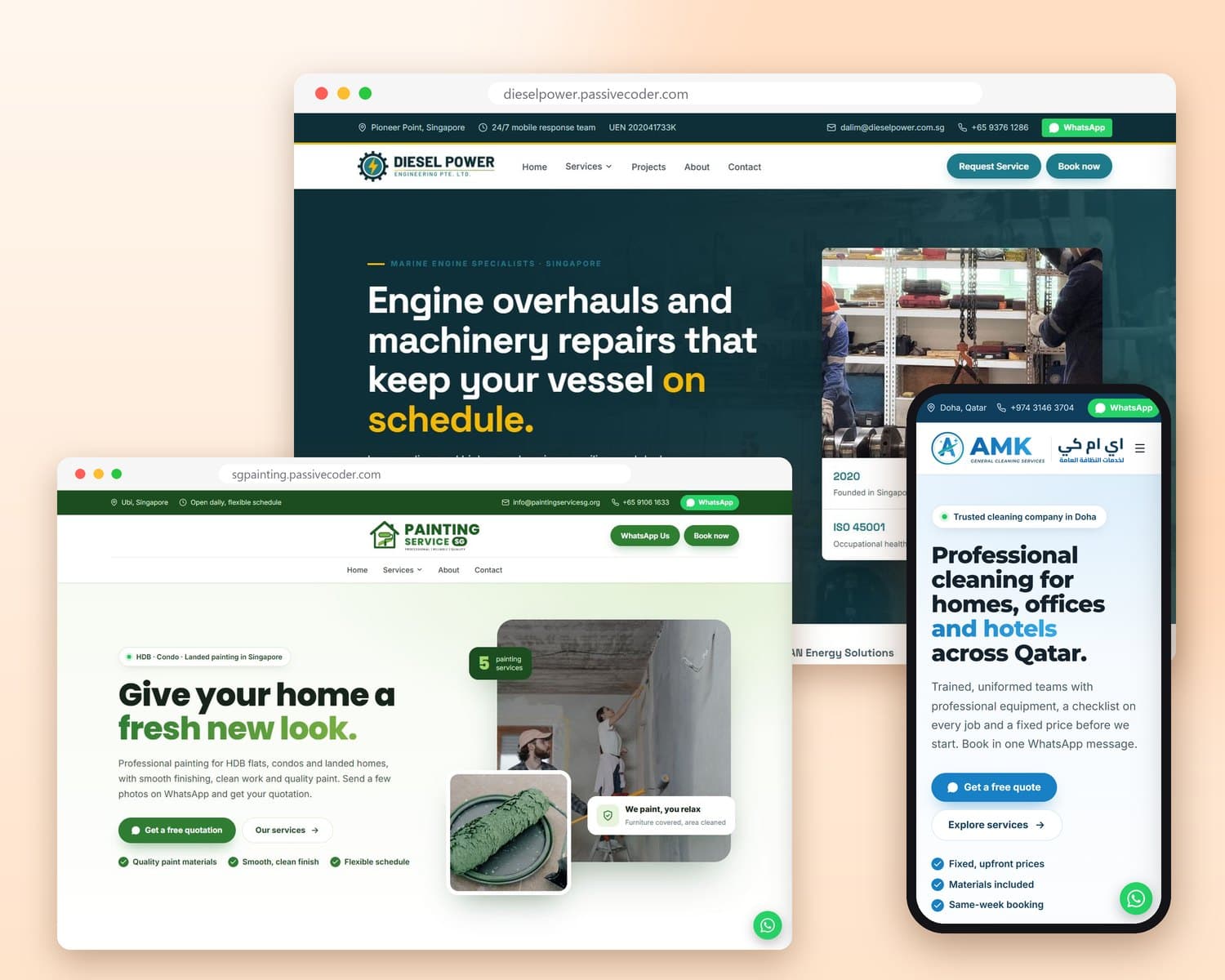 Websites we built for clients in Singapore and Qatar, on desktop and phone